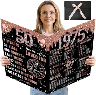 Large 50Th Birthday Card for Women with Envelope, Black Rose Gold Happy 50Th Bir - Image 1 of 4