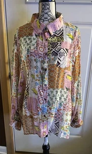 POL Women M Patchwork Boho Floral Eclectic Festival Sheer Button Top Cottagecore - Picture 1 of 5