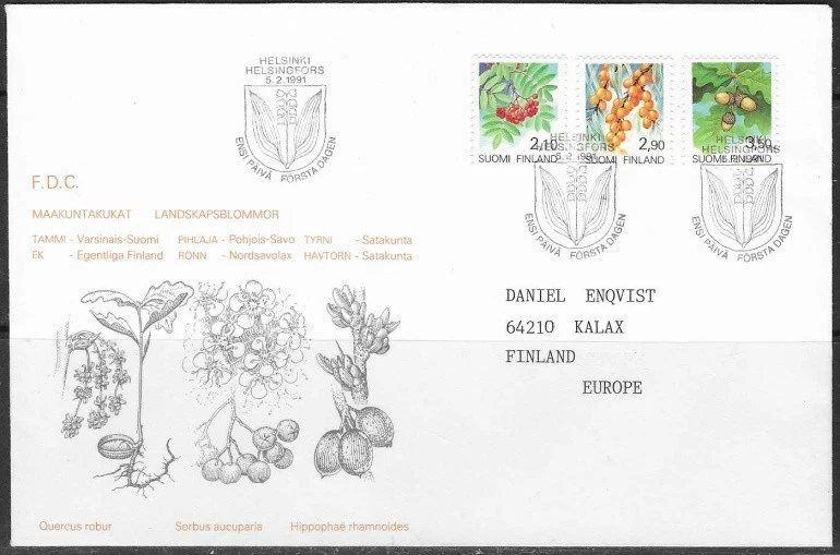Finland 1991 Fruit, Trees, Oak, Buckthorn & Rowan, Typed First Day Cover - Image 1 of 1