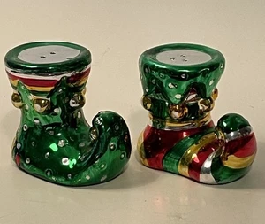 Vintage 2000 Boston Warehouse ELF SHOES Metallic Salt & Pepper Shakers Christmas - Picture 1 of 6