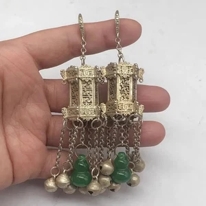 Vintage Silver Tone Bell Tassel Earrings Retro Dangle Jewelry For Hanfu Costume - Picture 1 of 5