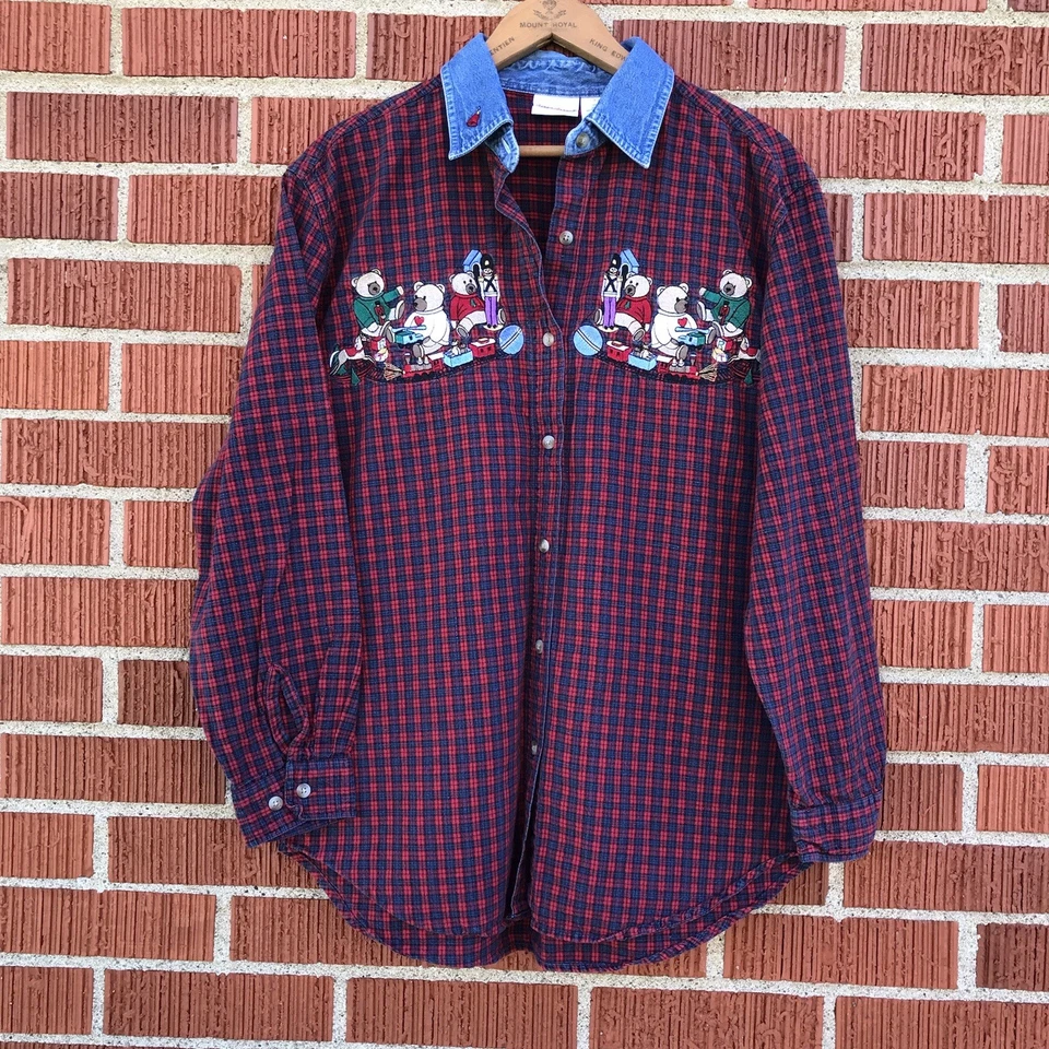  Mujer Navidad Rojo Azul Cuadros Camisa Abotonada Talla Med Bears Bobbie Brooks De Colección Foto 1 de 4