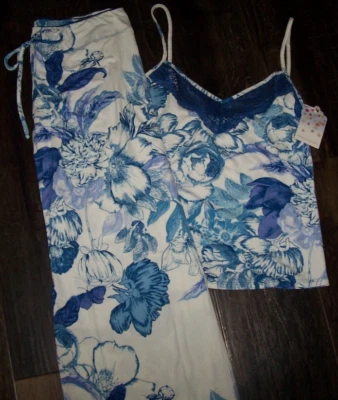 NWT In Bloom by Jonquil IVORY/BLUE/PURPLE FLORAL Knit Pajama Set L LACE Trim - Image 1 of 4