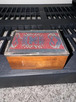 Antique Pre-Columbian Textile Fragment Wood Box w/ Sterling Silver Rim .925 - Image 1 of 4