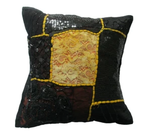 Ethnic Indian Patchwork Sequin Beaded Cotton Cushion Cover Yellow Black 16" - Picture 1 of 5