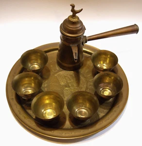 Antique Copper Turkish Coffee Pot w/ Tray & Six Cups Serving Set - Picture 1 of 4