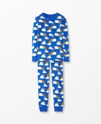 NWT Hanna Andersson Organic Long Johns Rain or Shine Blue Rainbows/Clouds 150/12 - Image 1 of 2