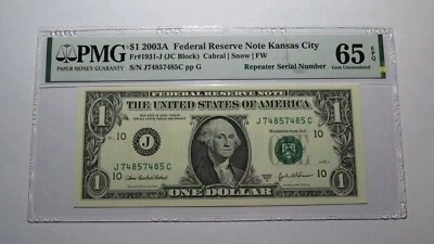 $1 2003 Repeater Serial Number Federal Reserve Currency Bank Note Bill PMG UNC65 - Image 1 of 2