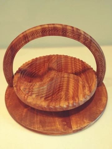 Collapsible Wooden Trivet Bowl Basket Hand Crafted Ornate Carved Wood Cover