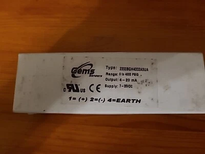 Gems 2200BGH4002A3UA Pressure Transducer, 0-4000 PSIG ,7-35 VDC In,4-20 mA.Out - Image 1 of 3