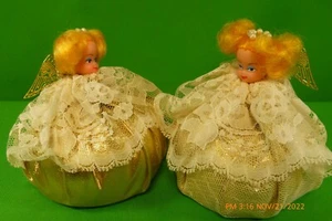 New SET of 2 Gold White BLONDE ANGEL Christmas Figurines DECORATIONS Handmade 5" - Picture 1 of 7