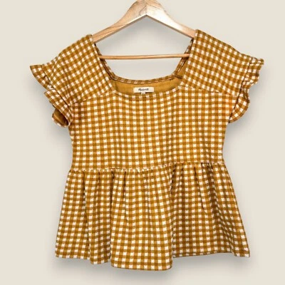 Camisa Top Blusa Madewell Scoop Mujer XXS Dorada Blanca Cuadros Recortada Poli Algodón Foto 1 de 4