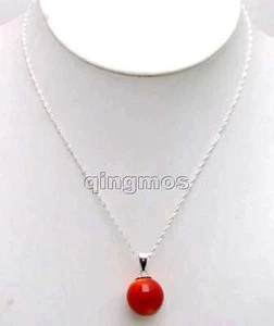 14-15MM Round GENUINE Red Coral Pendant Necklace for Women with Silver 925 Chain - Picture 1 of 4