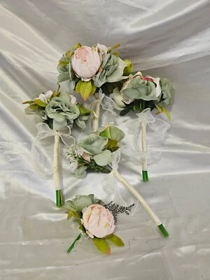 Pink, Cream, Green, Wedding Bouquet Set, Vintage Romantic Wedding Package - Image 1 of 4