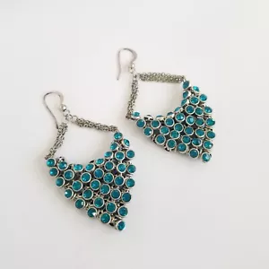 Turquoise Blue Rhinestone Chandelier Earrings Dropdown Dangle Silver Tone 2.75" - Picture 1 of 7
