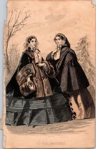 Antiguo plato de moda Les Modes Parisiennes de la década de 1850 coloreado a mano - capas de invierno - Imagen 1 de 2