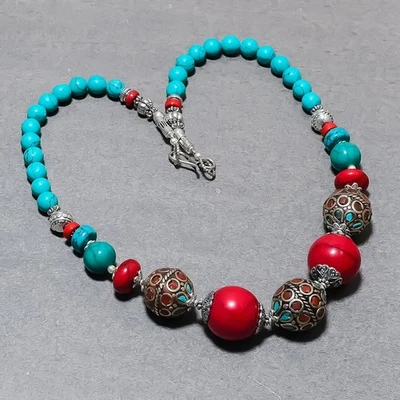 红色珊瑚藏绿松石手工波西米亚尼泊尔珠宝项链 18 英寸 SR 699 — 第 1/4 张图片