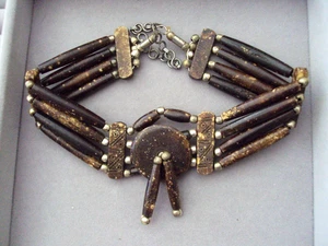 VINTAGE ARTISAN MADE 12" TRIBAL BROWN & SILVER TONE CHOKER NECKLACE #ve - Picture 1 of 4