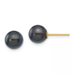 7-8mm 14k Gold 7-8mm Round Black Saltwater Akoya Cultured Pearl Stud Earrings - Picture 1 of 4