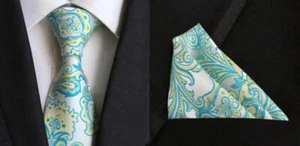 Juego Cuadrado de Bolsillo Corbata Plata Amarillo Verde Azul Paisley Hecho a Mano Para Hombre Boda - Imagen 1 de 4
