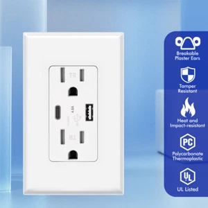 USB C Outlet PD 24W Power Delivery Duplex Receptacle 4.8A 15 Amp,UL Listed White - Picture 1 of 9