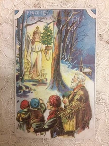 FROHE Vintage Rare Christmas Postcard "Angel holding tree in a crowd of people" - Picture 1 of 4