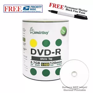 100 Smartbuy DVD-R 16X 4,7 GB blanco superior disco multimedia en blanco + marcador permanente negro - Imagen 1 de 3