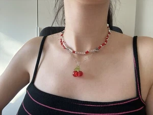 Halskette rot silber Perlen Kirschen Anhänger - Bild 1 von 10