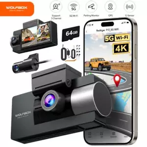 WOLFBOX 4K 5G WiFi GPS 3 Channel Dash Cam Front and Rear Inside W/ Hardwire Kit - Picture 1 of 9