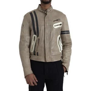 DOLCE & GABBANA Jacket Beige Leather Full Zip Biker Coat IT48/ US38/ M RRP $3900 - Picture 1 of 15