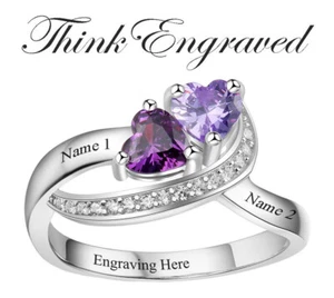 Personalized Mother's 2 Dancing Heart Birthstones 2 Engraved Names Custom Ring - Picture 1 of 8