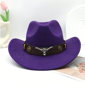 Purple Western Cowboy, Cowgirl Hat, Bull Horns Strap, Men Women Retro Wide Brim - Picture 1 of 4