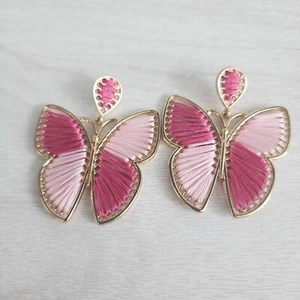 Butterfly Earrings Pink Silk Blend String Gold Tone Metal Dangle Post Pierce Ear - Picture 1 of 10