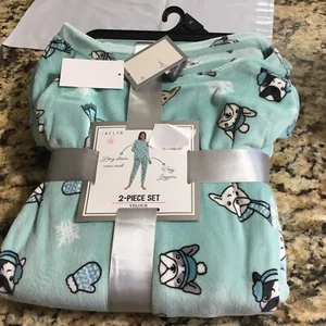 Jaclyn Intimates XL Teal With Dog Pug 2 pc Christmas pajama set new in package. - Picture 1 of 6