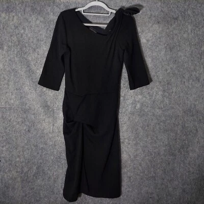 Emporio Armani Dress 6 Wool Cinched Ruched Bow Black asymmetric Neck feminine - Image 1 of 4