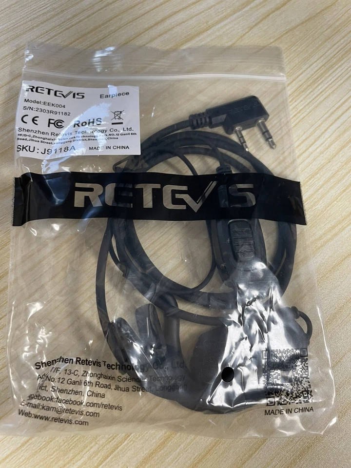 Retevis 2-Pin Ear hook Earpiece EEK004  W/ Collar Clip & PTT Button  Black - Image 1 of 4