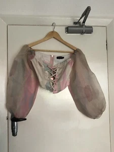 Pretty Little Thing 6 Pink/pastel Corset Style Cropped Organza Sleeved Top - Picture 1 of 3