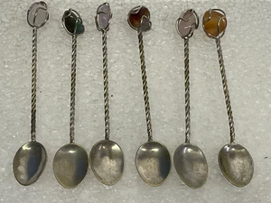 Vintage Set Of 6 Mini Spoons With Twisted Handles & Colored Natural Gem Stones C - Picture 1 of 1