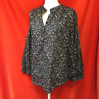 H & M round neck cotton peasant top in delicate floral black size large - Image 1 of 4