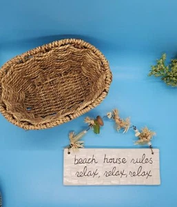 Beach House Rules RELAX Ceramic Wall Hanging & Woven Basket Small Nautical Decor - Picture 1 of 12