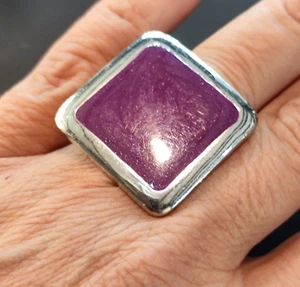 Large Square Silver Base Ring with Purple Enamel - Cocktail Ring - Picture 1 of 3