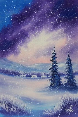 Веселый зимний пейзаж оригинальная картина снежная сцена подпись Украина художественный подарок - Изображение 1 из 4