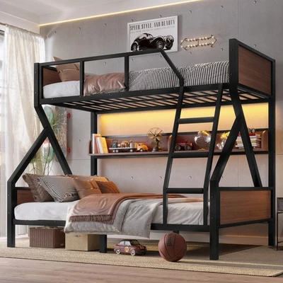 Queen Over Queen Metal Bunk Bed w/ Storage Shelves,Light&Stairs Underbed Storage - Image 1 of 4