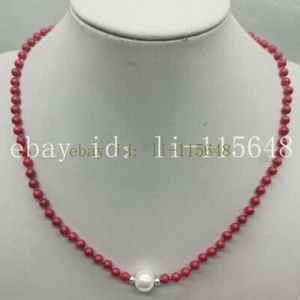 Collana con ciondolo perline tonde perle conchiglia bianca 4 mm corallo rosso e 10 mm 18" regalo festa - Foto 1 di 3