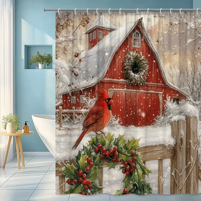 Cortina de ducha Red Barn Cardinal Wreath invierno Navidad granja baño decoración Foto 1 de 4