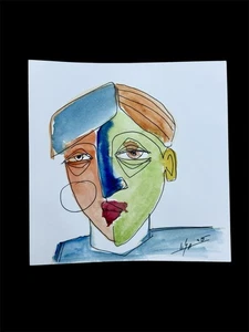 Abstract Gaze – Original 6x6 Ink and Watercolor Portrait on Canvas Paper by Lisa - Picture 1 of 2