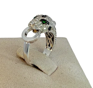 Effy White and Black Diamond 14K White Gold Panther Ring Size 7 Green Eyes - Picture 1 of 9
