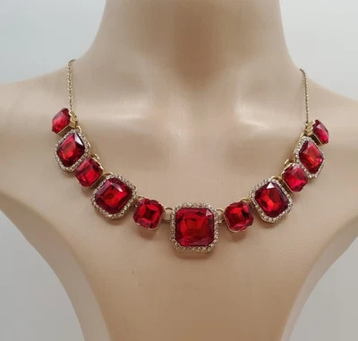 Collar Monet 20 pulgadas Tono Oro Brillante Rojo Blanco Cristales Declaración Patrimonio De Colección Foto 1 de 4