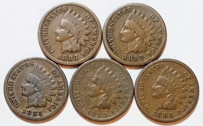  *5* • Indian Head Cents•* ALL *1883* *GOOD OR BETTER*  $$ FREE SHIPPING $$ #992 - Image 1 of 2