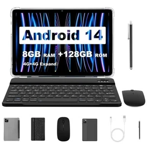 10.1 Inch Android 14 Tablet Keyboard Mouse Stylus Cover Set 8GB RAM 128GB ROM - Picture 1 of 8